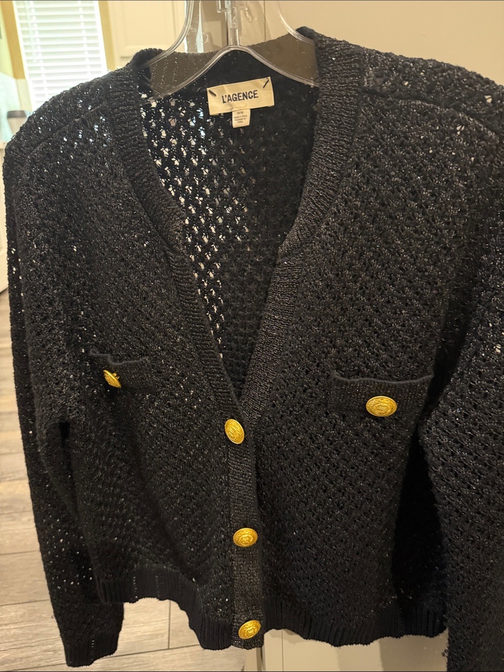 L'AGENCE Blanca Black Sequined Cropped Cardigan with Gold Buttons. Medium.
